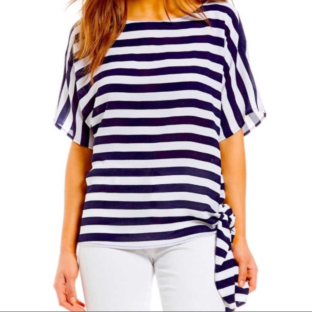 Michael Kora Navy Blue & White Striped Side Tie Top